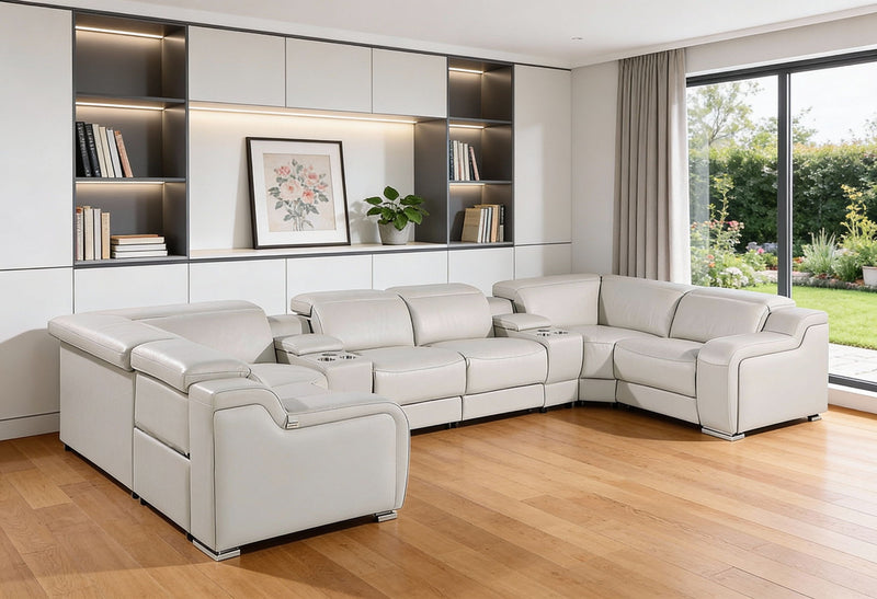 Italian Leather Power Reclining U-Shaped 8 Piece Corner Sectional With Console - Light Gray