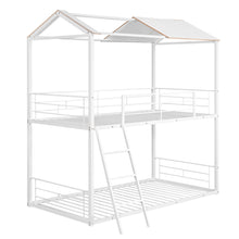 Load image into Gallery viewer, Twin Over Twin Bunk Bed Metal Bed with Half Roof, Guardrail and Ladder White
