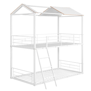 Twin Over Twin Bunk Bed Metal Bed with Half Roof, Guardrail and Ladder White