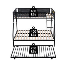 Load image into Gallery viewer, Twin over Full Metal Bunk Bed with Trundle/ Sturdy Metal Bed Frame/ Noise-Free Wood Slats/ Comfortable Textilene Guardrail/ Space-saving Trundle/ Bunk Bed for Three/ No Box Spring Needed
