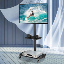 Load image into Gallery viewer, Height And Angle Adjustable Multi-Function Tempered Glass Metal Frame Floor With Lockable Wheels Mobile TV Stand, Lcd / Plasma TV Bracket 2 Tier Tempered Glass Shelves For Multiple Media Devices - Black
