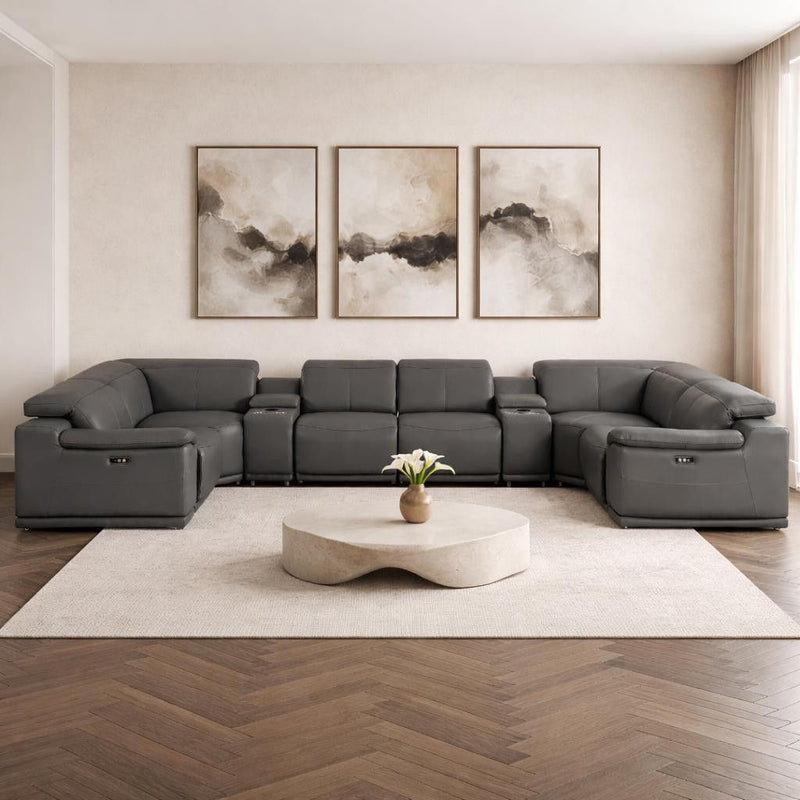 Leather Modular U Shaped Eight Piece Corner Sectional With Console - Battleship Gray