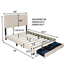 Load image into Gallery viewer, QUEEN SIZE UPHOLSTERED BED WITH ADJUSTABLE HEIGHT / MATTRESS 10 TO 14 INCHES / LED DESIGN WITH FOOTBOARD DRAWERS STORAGE / NO BOX SPRING REQUIRED BEIGE
