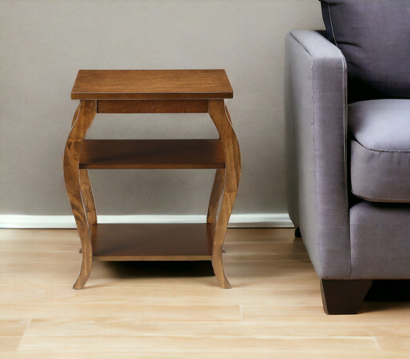 Wood Bow Leg Square End Table With Two Shelves - Brown