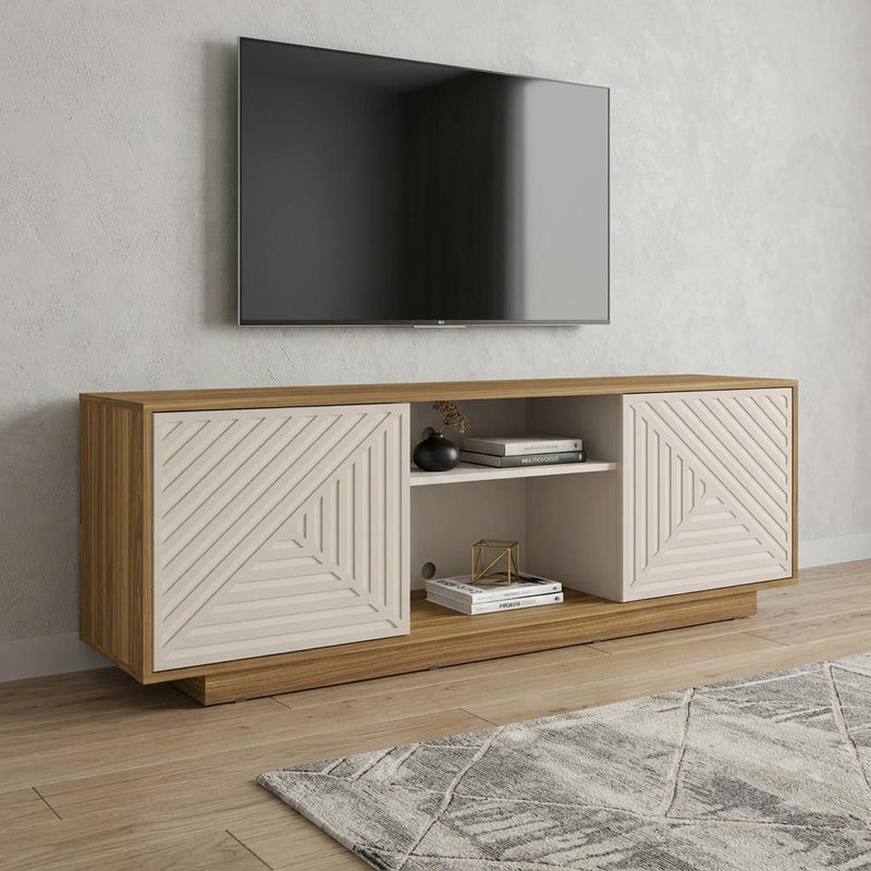 Ribbed Texture Wood Enclosed Open Storage TV Stand - Oak / White