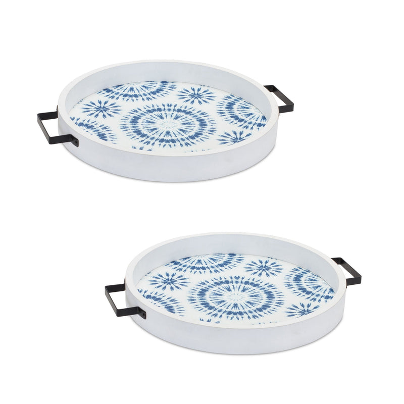 Round Solid Wood Vanity Tray With Handles (Set of 2) - Blue
