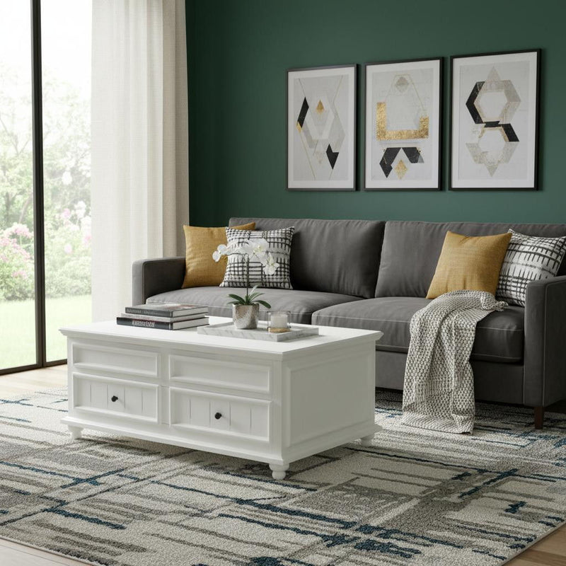 Solid And Manufactured Wood Lift Top Coffee Table With Two Drawers - White