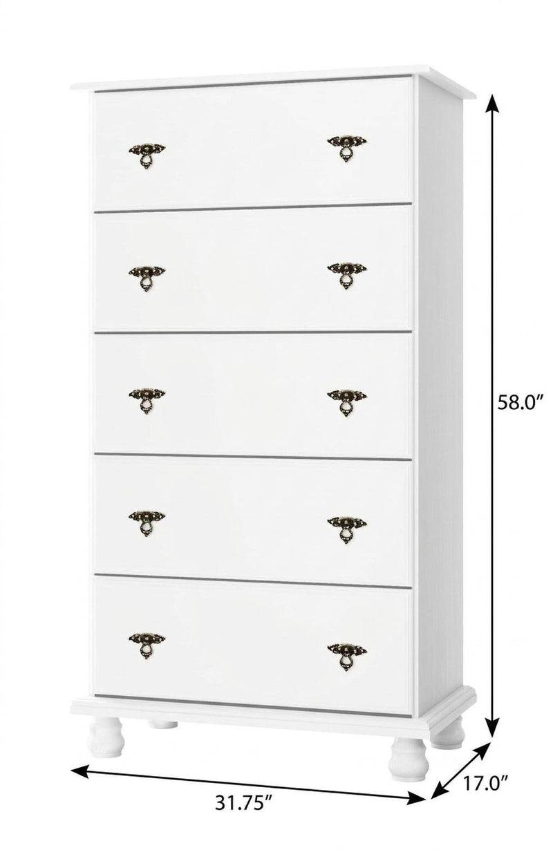 Solid Wood Five Drawer Dresser (760735) - White