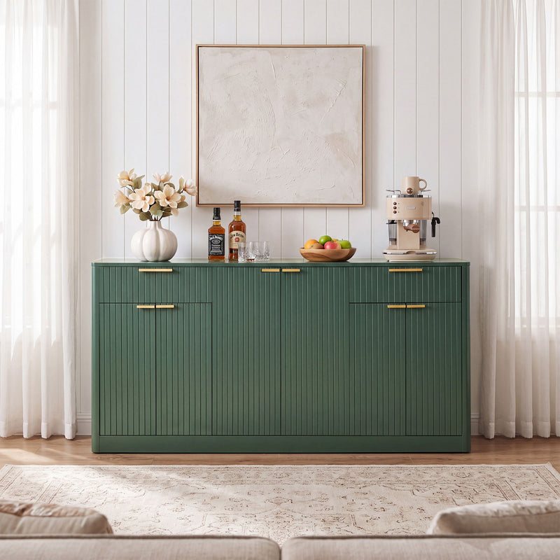 Large Fluted Buffet Sideboard, Wine Bar Storage Cabinet With 6 Doors & 2 Drawers