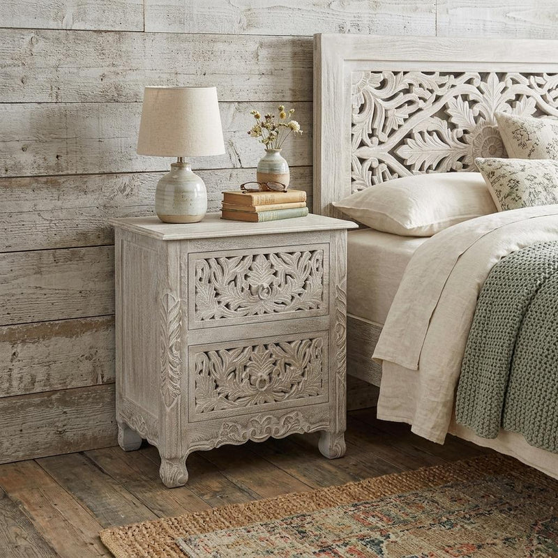 Solid Wood Square Distressed Carved Floral Two Drawer Nightstand - Gray