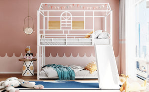 Twin Over Twin Metal Bunk Bed ,Metal Housebed With Slide,Three Colors Available.(White with White  Slide)(OLD SKU :LP000095AAK)