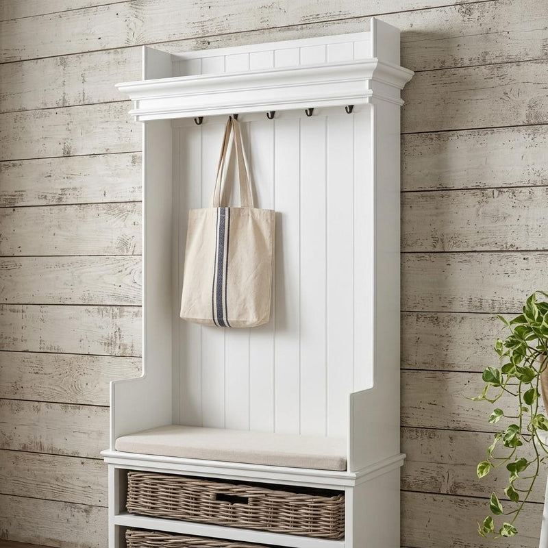 Classic Entryway Coat Rack And Bench With Baskets - White