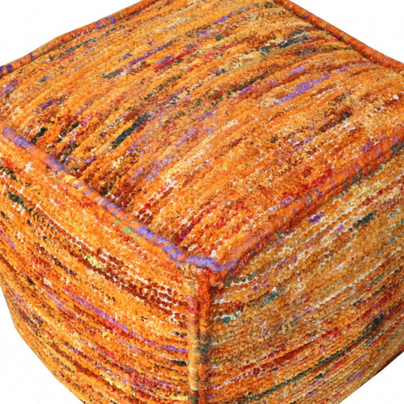 Recycled Silk And Cotton Blend Cube Pouf Ottoman - Orange