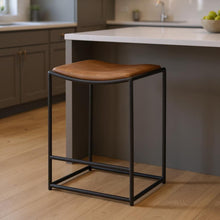 Load image into Gallery viewer, Genuine Leather Iron Backless Counter Height Bar Chair - Brown / Black
