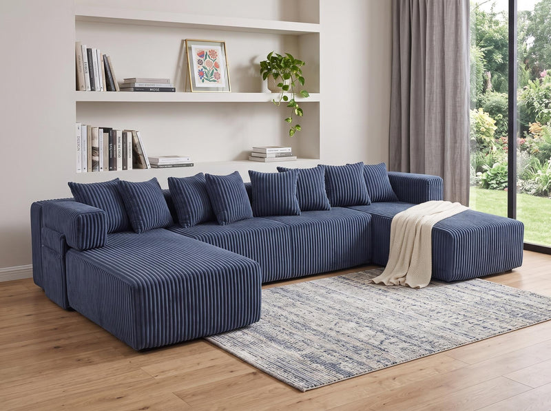 Corduroy Modular U Shaped Three Piece Corner Sectional With Console And Toss Pillows (762857) - Blue