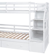 Load image into Gallery viewer, Twin over Twin Bunk Bed with Storage Staircase, Slide and Drawers, Desk with Drawers and Shelves, White
