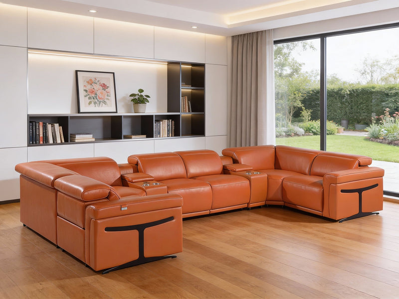 Leather Power Reclining U Shaped Eight Piece Corner Sectional With Console - Camel
