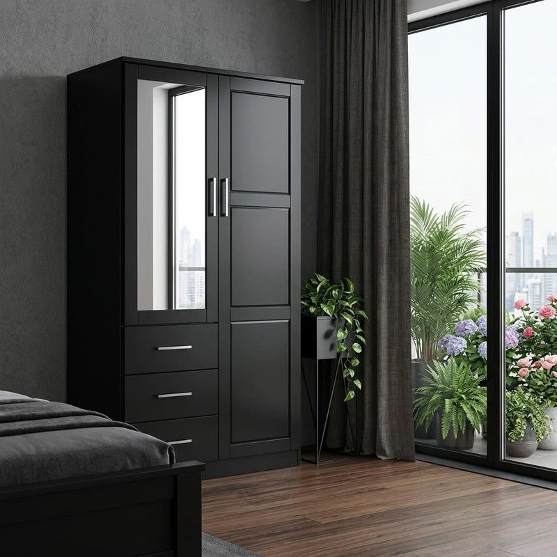 Solid Wood Mirrored Two Door Three Drawer Combo Dresser - Black