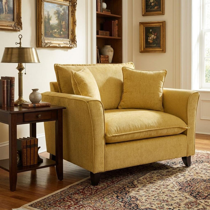 Chenille And Solid Wood Chair And A Half - Yellow And Natural