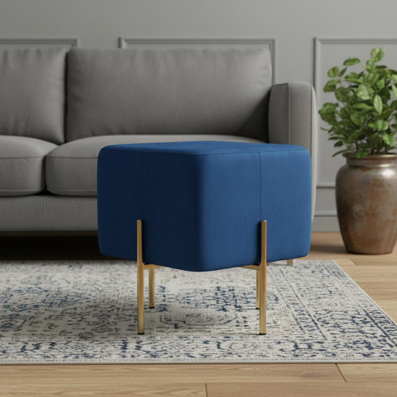 Velvet Cube Ottoman - Blue / Gold