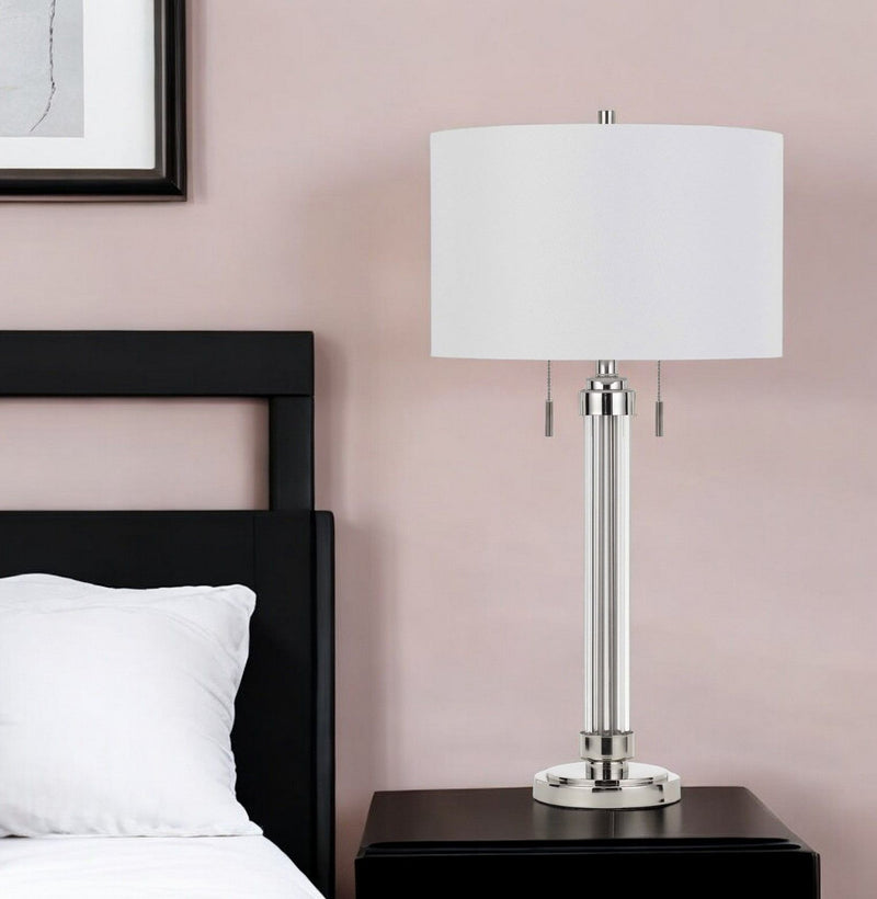 Metal Two Light Cylinder Table Lamp With White Drum Shade - Silver Metallic