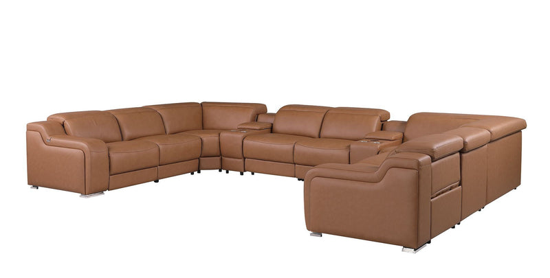 Italian Leather Power Reclining U Shaped 10 Piece Corner Sectional With Console - Chestnut