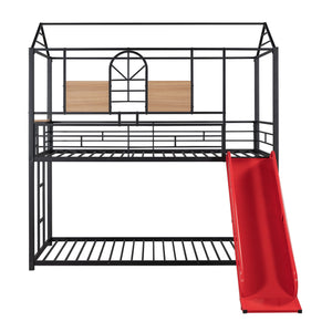 Twin Over Twin Metal Bunk Bed ,Metal Housebed With Slide,Three Colors Available.(Black with Red Slide)(OLD SKU :LP000095AAJ)