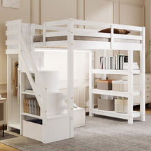 Load image into Gallery viewer, Loft Bed With 4 Layer Shelves, Storage Staircase, Small Wardrobe And LED Light
