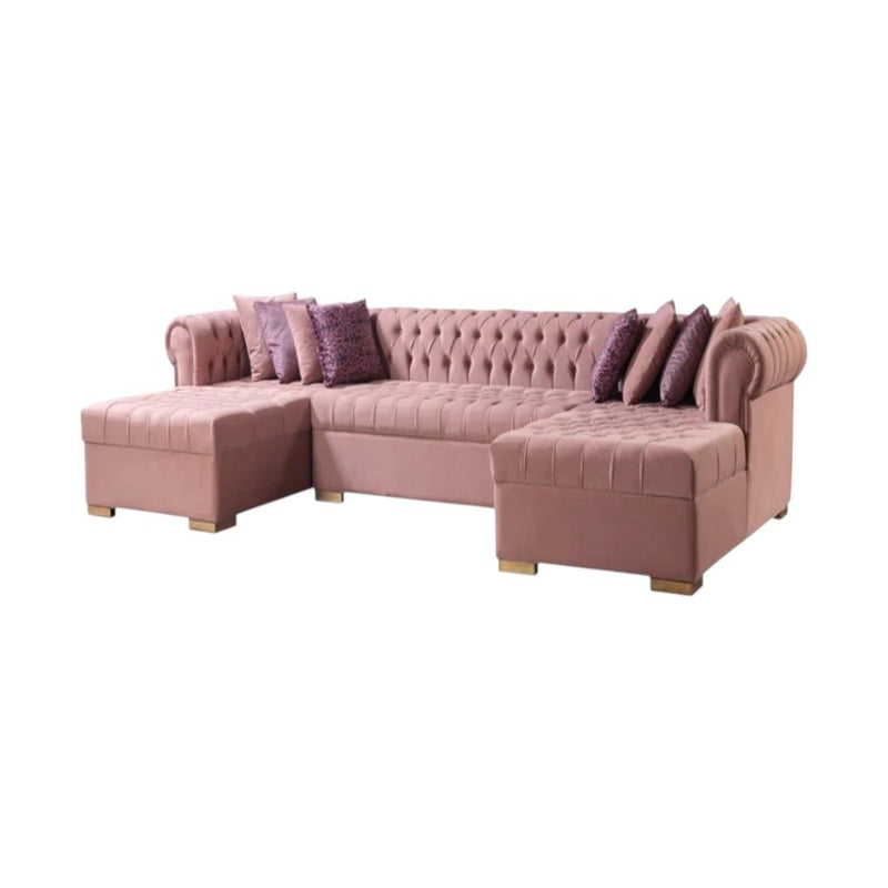 Velvet U Shaped Three Piece Sofa Chaise Sectional With Toss Pillows - Pink