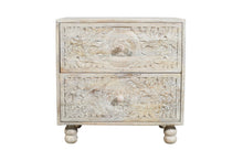 Load image into Gallery viewer, 24" Solid Wood Distressed Carved Scrollwork Two Drawer Nightstand - Natural And White
