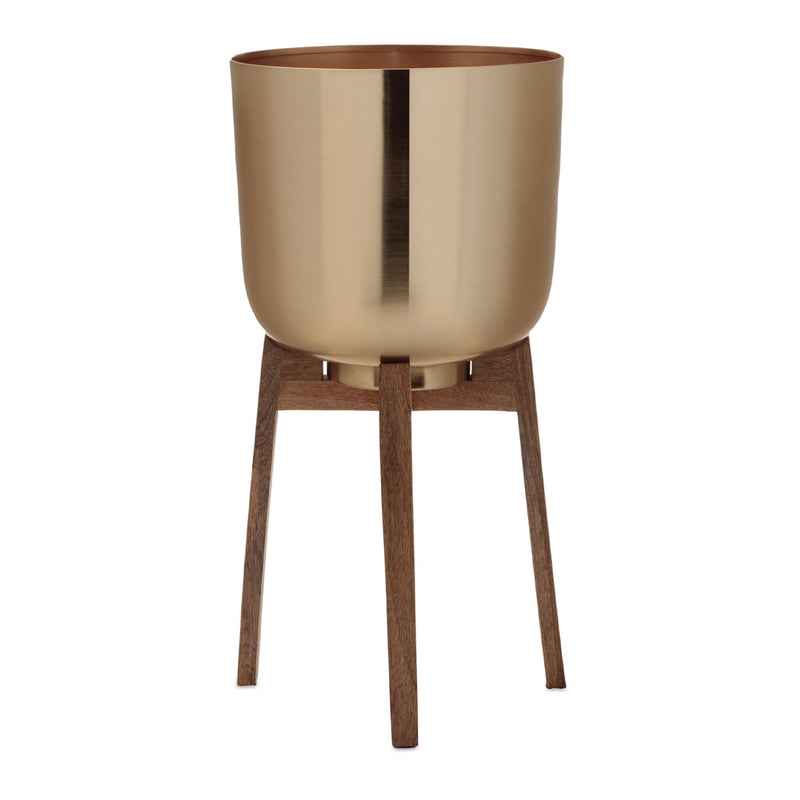 Metal And Wood 65" Ounce Round Elevated Planters (Set of 2) - Gold And Natural