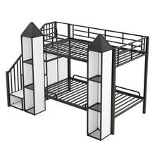 Load image into Gallery viewer, Metal Twin over Twin Castle-shaped Bunk Bed with Wardrobe and Multiple Storage, Black+White
