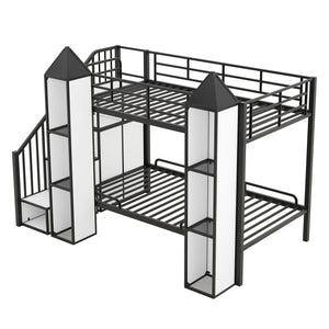 Metal Twin over Twin Castle-shaped Bunk Bed with Wardrobe and Multiple Storage, Black+White