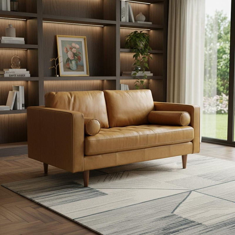 Leather Sofa With Brown Legs - Tan