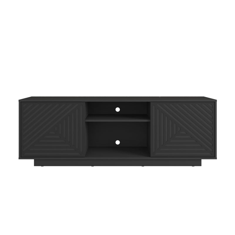 Ribbed Texture Wood Enclosed Open Storage TV Stand - Black