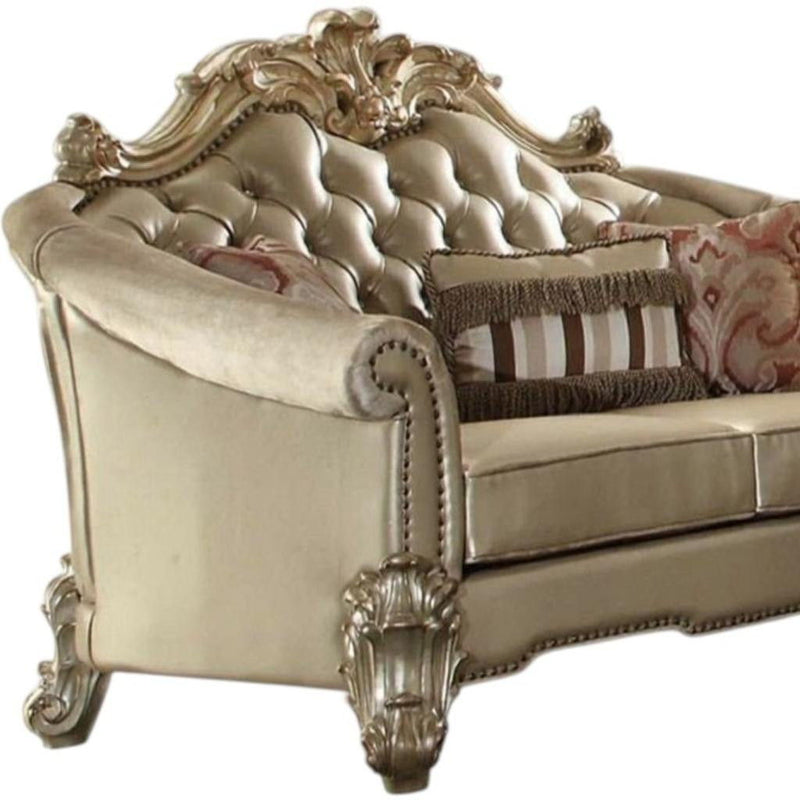 Faux Leather Loveseat And Toss Pillows - Gold / Bone