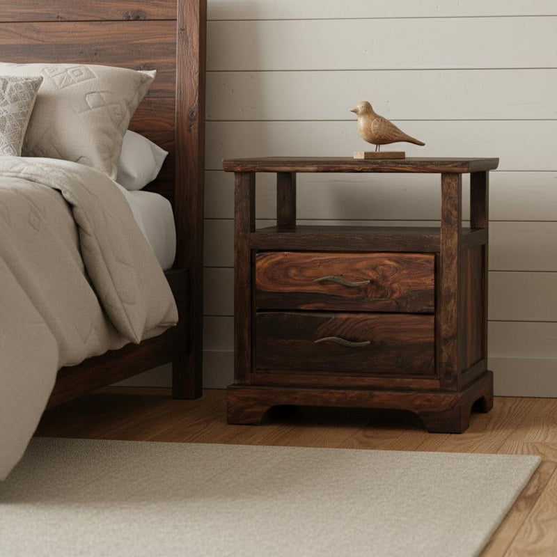 Two Drawer Solid Wood Nightstand - Dark Brown