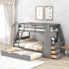 Load image into Gallery viewer, Twin over Full Bunk Bed with Trundle and Built-in Desk, Three Storage Drawers and Shelf,Gray
