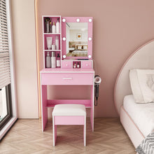 Load image into Gallery viewer, Vanity Table With Mirror, Adjustable LED Lights, Power Outlet, Hairdryer Holder &amp; Stool
