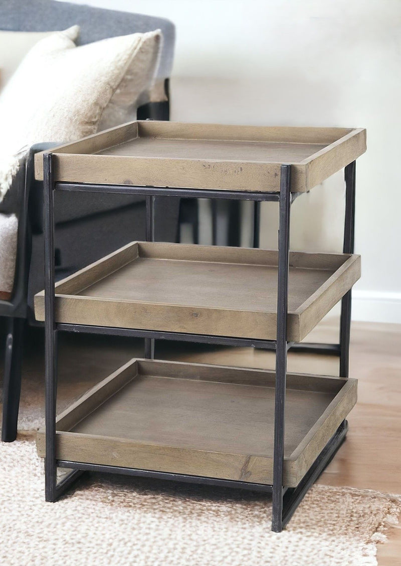 Solid Wood Square End Table With Two Shelves - Brown