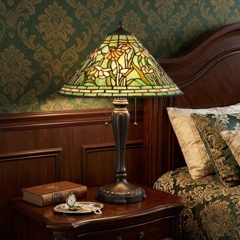 Flowers Two Light Round Tiffany Lamp With Dome Shade - Bronze