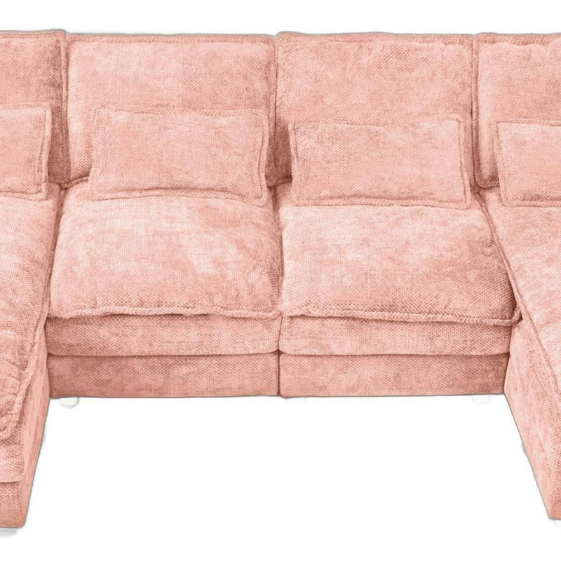 Chenille Modular U Shaped Four Piece Sofa And Chaise Sectional With Console And Toss Pillows - Pink