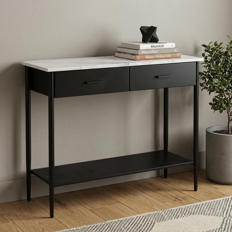 Console Table With Shelf Two Drawers - White / White