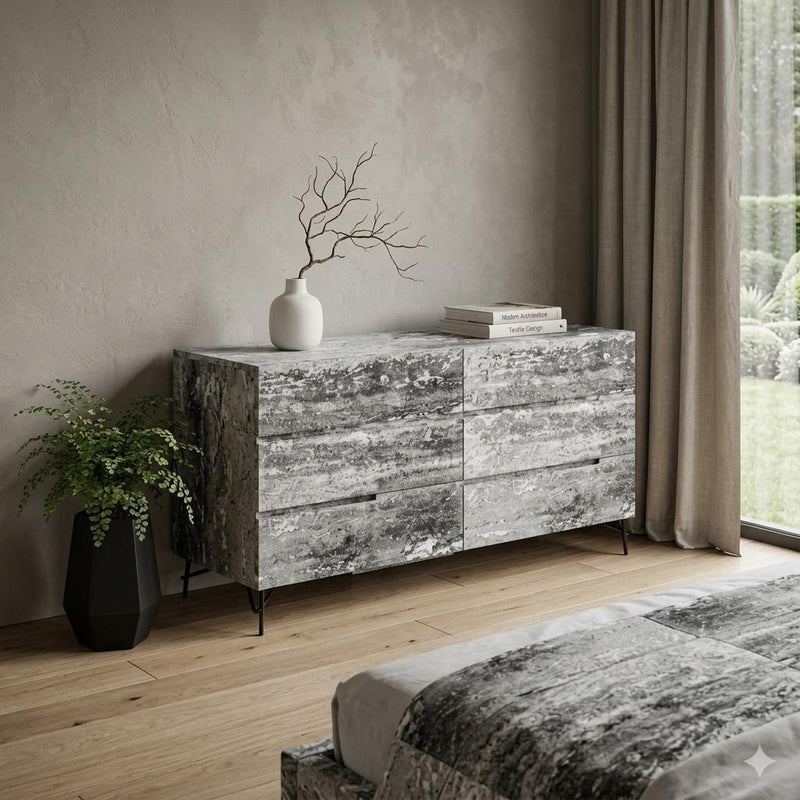 Wood Six Drawer Double Dresser - Gray