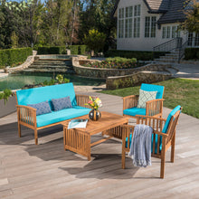 Load image into Gallery viewer, Outdoor Acacia Wood Sofa Set with Water Resistant Cushions, 4-Pcs Set, Brown Patina / Teal
