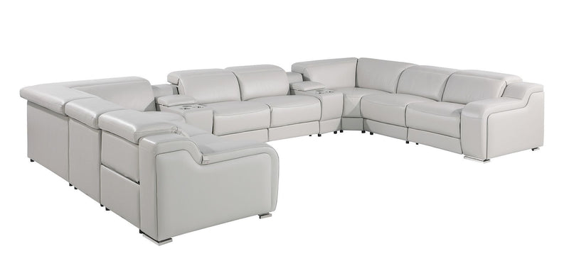 Italian Leather Power Reclining U-Shaped Ten Piece Corner Sectional With Console - Light Gray