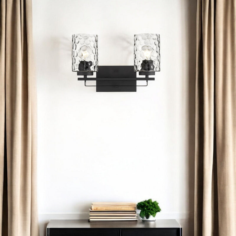 Metal And Pebbled Glass Two Light Wall Sconce - Black