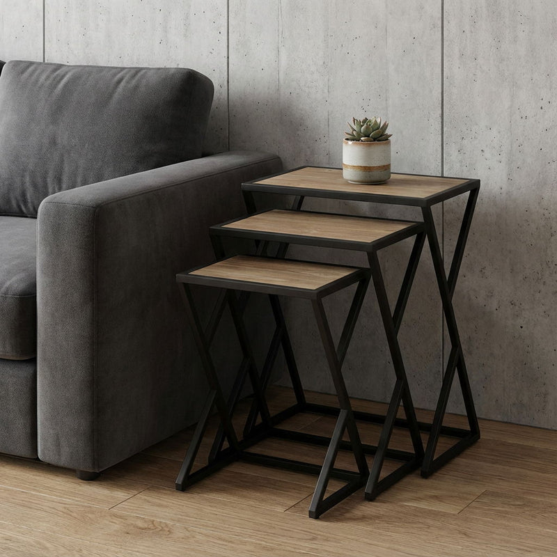 Solid Wood Frame Nested Tables (Set of 3) - Brown / Black