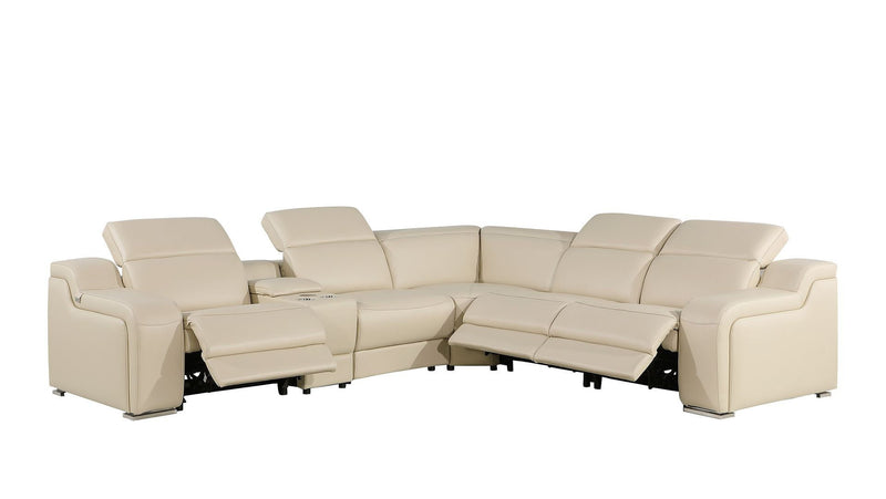 Italian Leather Power Reclining Curved Six Piece Corner Sectional With Console - Beige