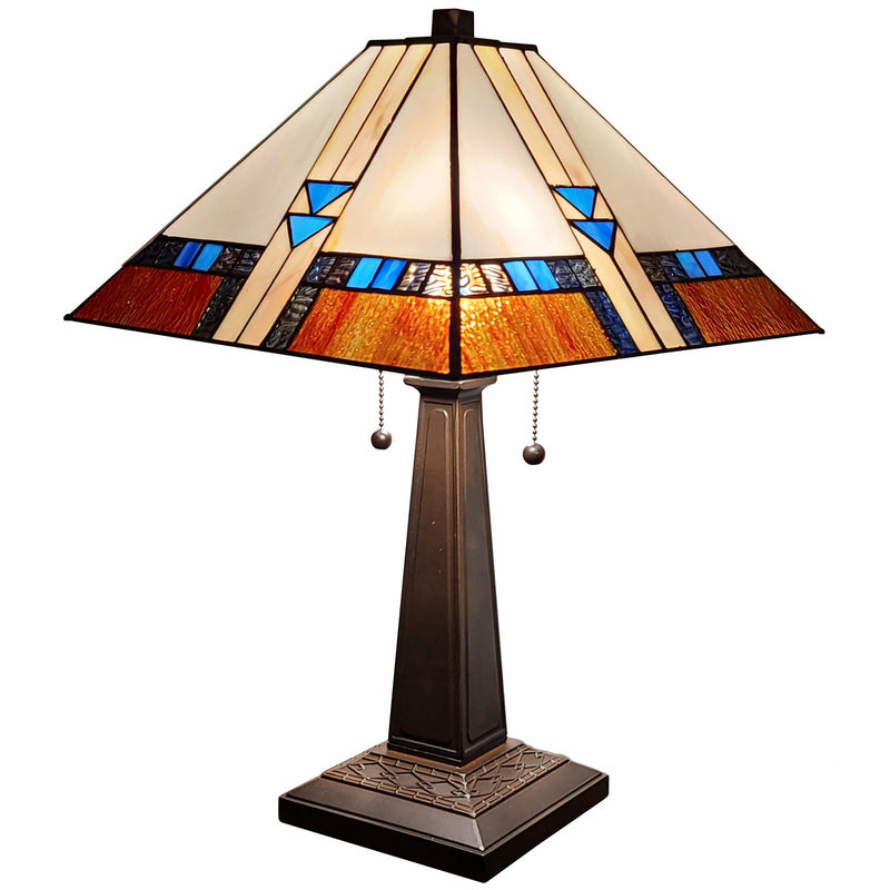 22" Metal Two Light Candlestick Table Lamp With Empire Shade - Dark Brown / Off-White / Blue